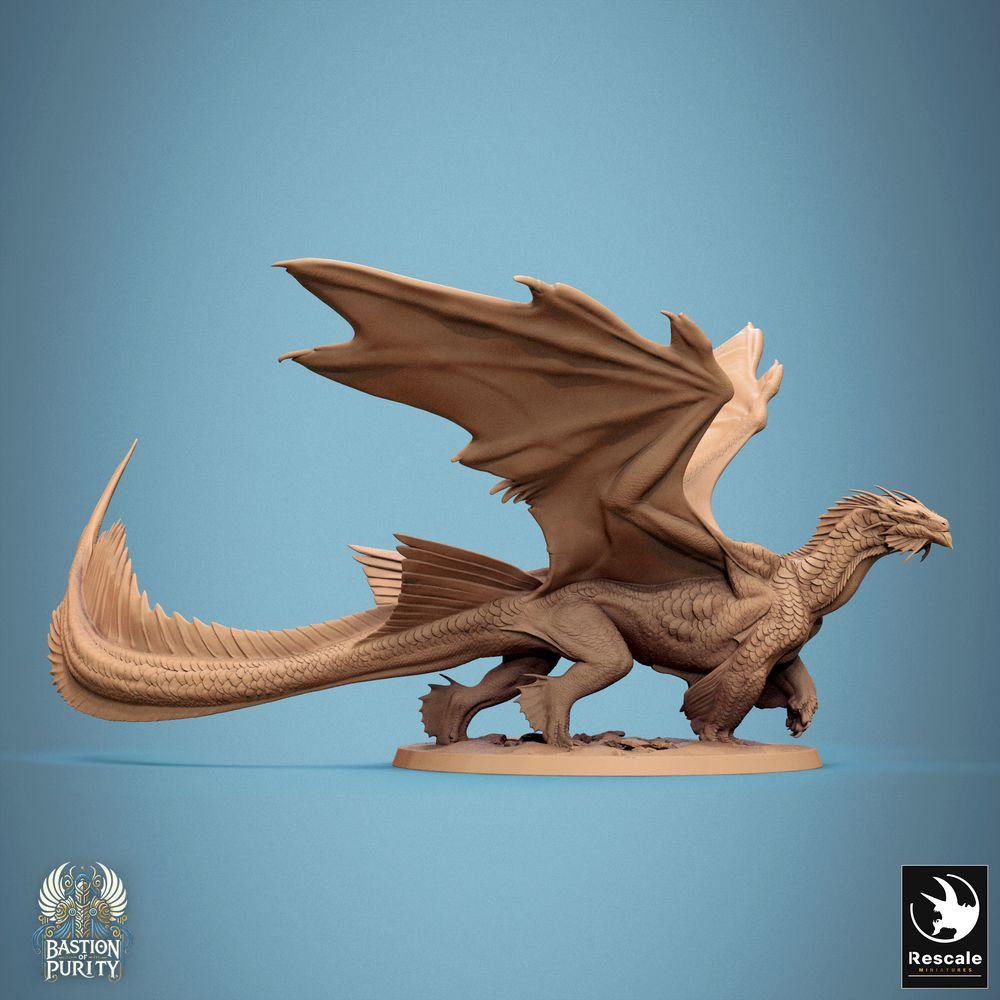 Produktfoto Tabletop 28mm Lord of the Print (LotP) 0: Fantasy Figur: Bronze Drache (Bronze Dragon), Antiker Großdrache Wyrm, Drachenältester Bossmonster, aufgerichtet brüllend mit weit ausgespannten Schwingen und angehobener Vorderkralle (24_09_E2)