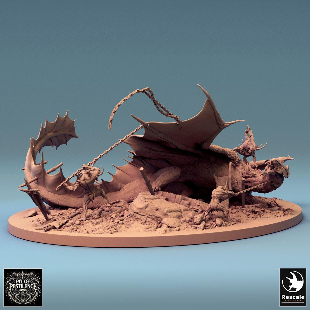 Produktfoto Tabletop 28mm Lord of the Print (LotP) 0: Tabletop Miniatur: Legendärer metallischer Messingdrache/Wyvern - Battle Diorama mit Drachenjägern, Speerträger, Kettenkämpfer und Harpunenfalle (24_08_G)