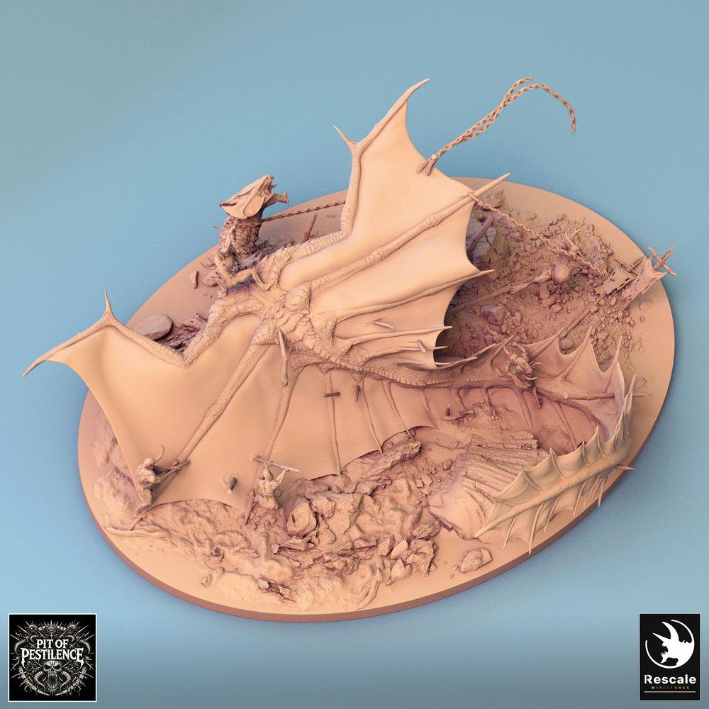 Produktfoto Tabletop 28mm Lord of the Print (LotP) 0: Tabletop Miniatur: Legendärer metallischer Messingdrache/Wyvern - Battle Diorama mit Drachenjägern, Speerträger, Kettenkämpfer und Harpunenfalle (24_08_G)