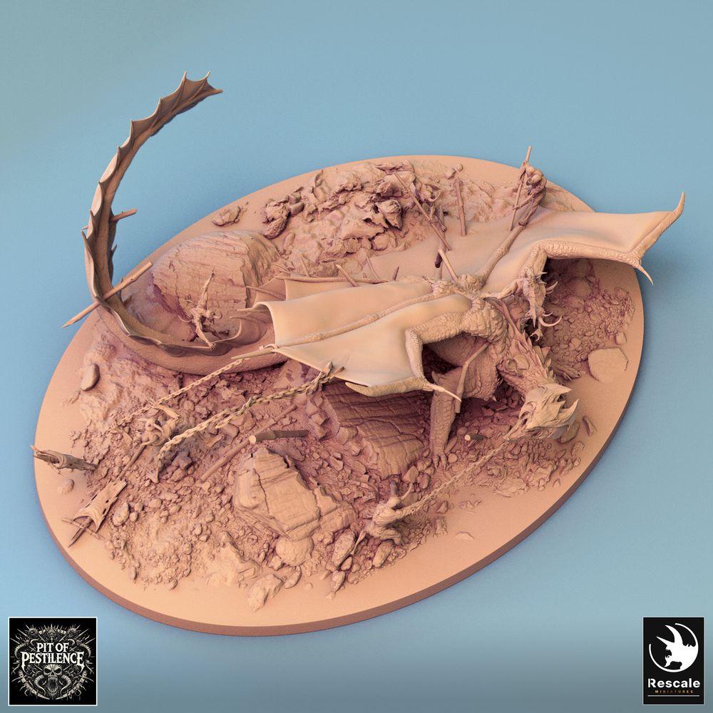 Foto del prodotto Tabletop 28mm Lord of the Print (LotP) 0: Miniatura Tabletop: Drago di Ottone Brass Dragon - Drago Grande, Wyrm; Incontro Boss Cacciatore di Draghi come scena di caccia con catene e lancia su base di diorama (24_08_A1)