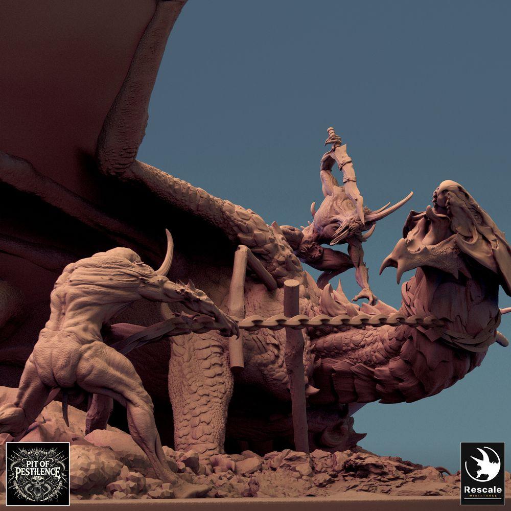 Foto del prodotto Tabletop 28mm Lord of the Print (LotP) 0: Miniatura Tabletop: Drago di Ottone Brass Dragon - Drago Grande, Wyrm; Incontro Boss Cacciatore di Draghi come scena di caccia con catene e lancia su base di diorama (24_08_A1)