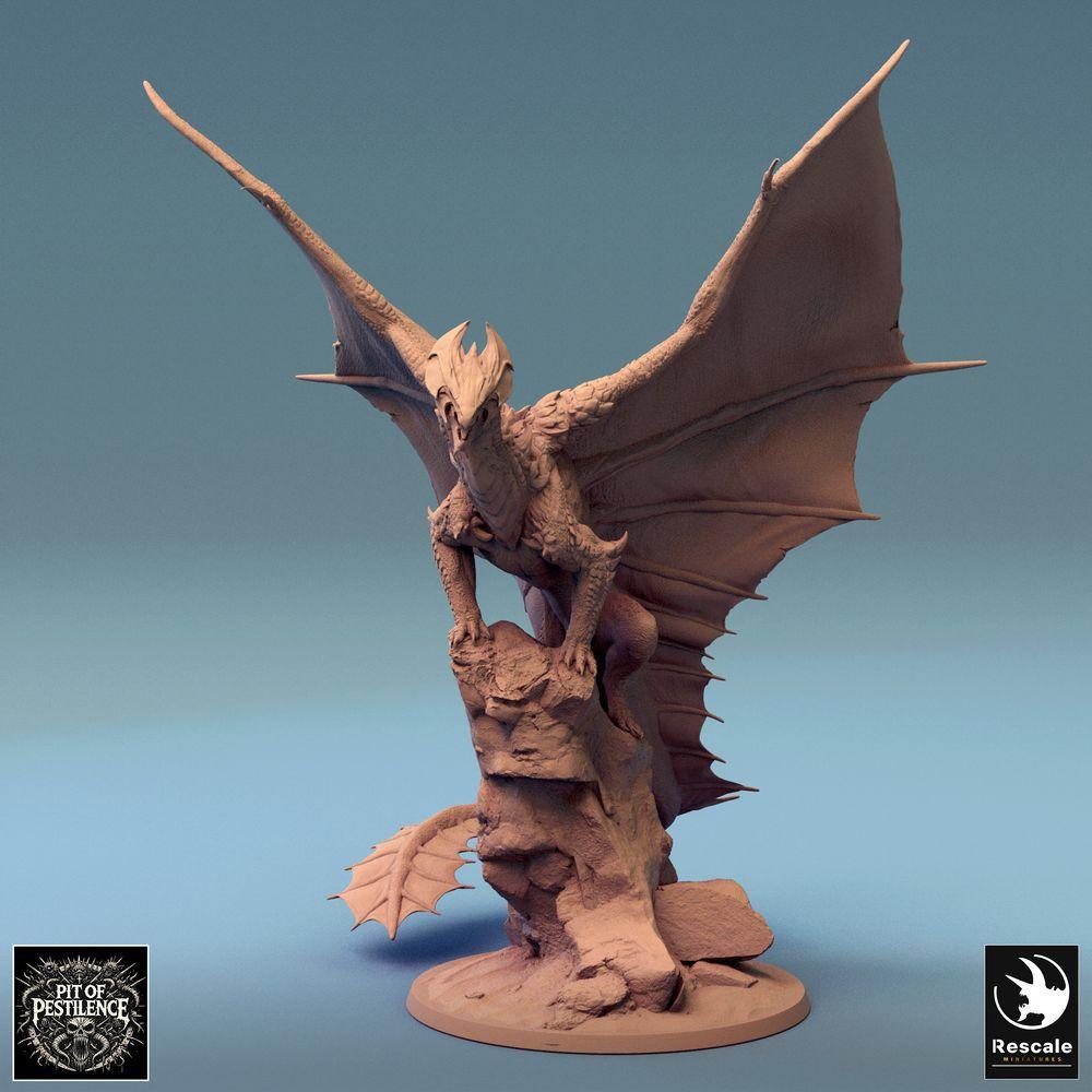 Produktfoto Tabletop 28mm Lord of the Print (LotP) 0: Fantasy Figur: Legendärer Drache/Dragon auf Fels-Diorama, geflügelte Drachenbestie in Sprungpose, wyvern-ähnliches Boss-Monster (24_08_J)