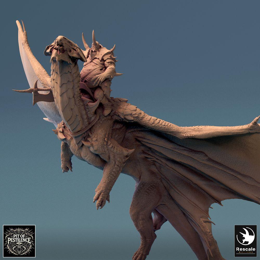 Produktová fotografie Tabletop 28mm Lord of the Print (LotP) 0: Fantasy miniatura: Dračí jezdec na wyverně - Mosazný drak ve vzletu, Chaosový rytíř Boss/Hrdina, Vzdušná kavalerie pro wargame/skirmish (24_08_A3)