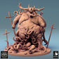 Product photo Tabletop 28mm Lord of the Print (LotP) 0: Tabletop miniature: Plague Demon, Demon Lord - corpulent giant monster and tentacle beast with executioner's axe and trophy staff, roaring with horned crown and torn belly (24_08_B1)
