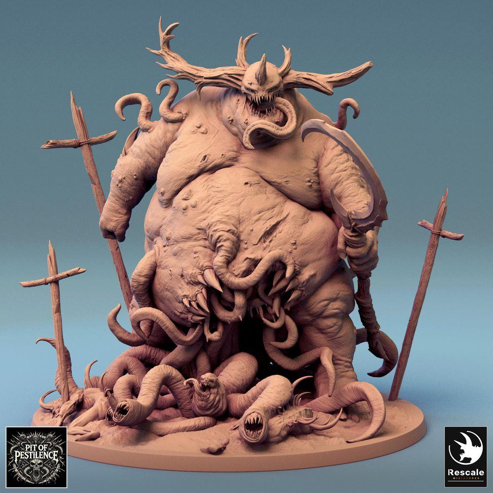 Product photo Tabletop 28mm Lord of the Print (LotP) 0: Tabletop miniature: Plague Demon, Demon Lord - corpulent giant monster and tentacle beast with executioner's axe and trophy staff, roaring with horned crown and torn belly (24_08_B1)