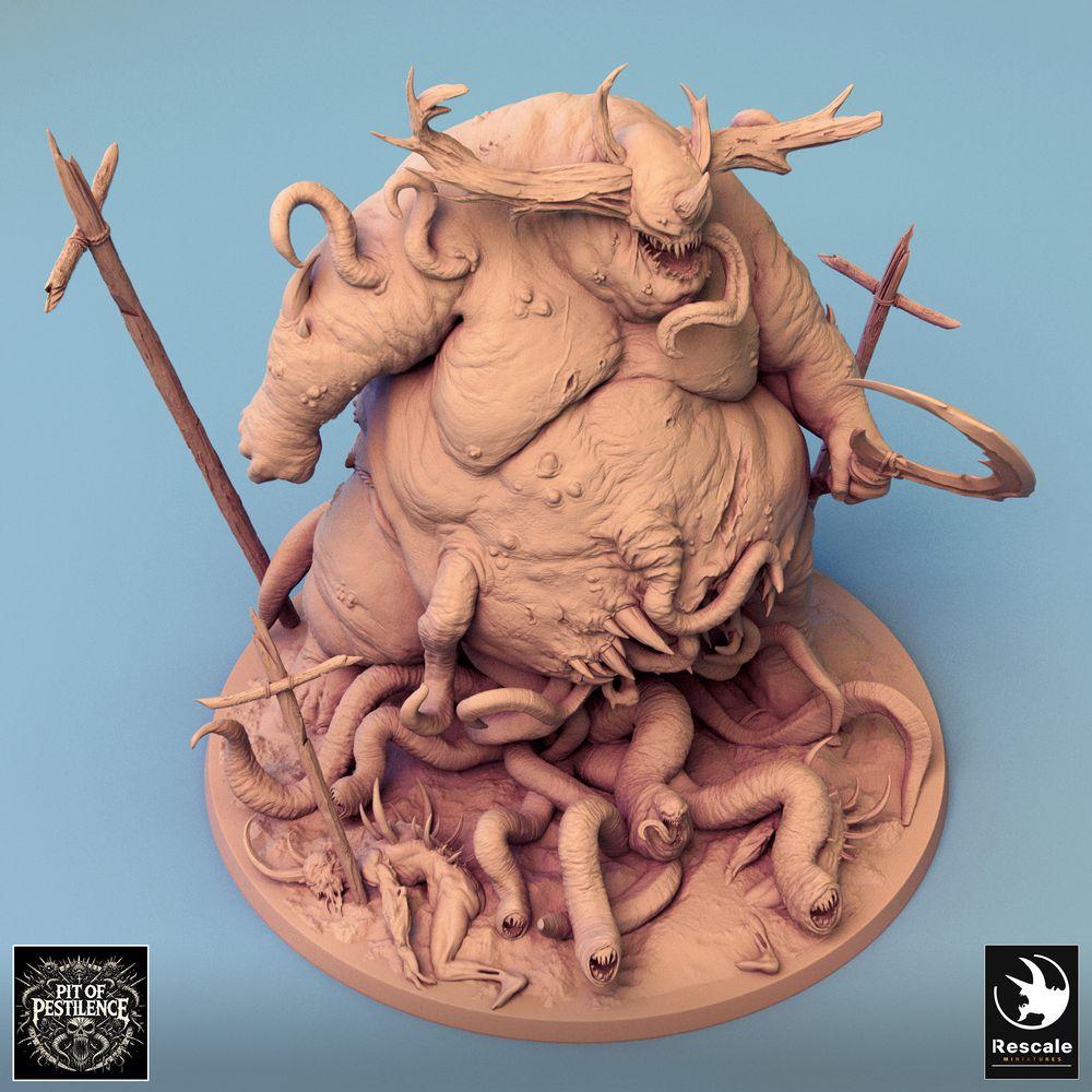 Product photo Tabletop 28mm Lord of the Print (LotP) 0: Tabletop miniature: Plague Demon, Demon Lord - corpulent giant monster and tentacle beast with executioner axe and trophy staff, roaring with horned crown and ripped belly (24_08_B1)
