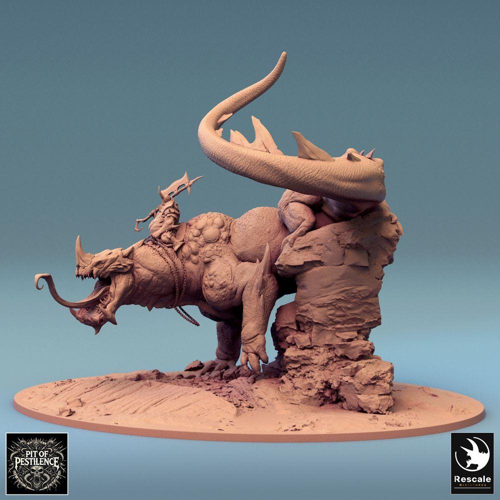 Zdjęcie produktu Tabletop 28mm Lord of the Print (LotP) 0: Miniatura Tabletop: Jeździec bestii na jaszczurze - Barbarzyński mistrz z halabardą, demoniczny wierzchowiec, boss, sceniczna podstawa (24_08_C1)