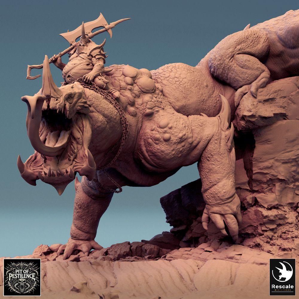 Zdjęcie produktu Tabletop 28mm Lord of the Print (LotP) 0: Tabletop miniatura: jeździec bestii na jaszczurze - barbarzyński mistrz z halabardą, demoniczny wierzchowiec, boss monster, sceniczna podstawa (24_08_C1)