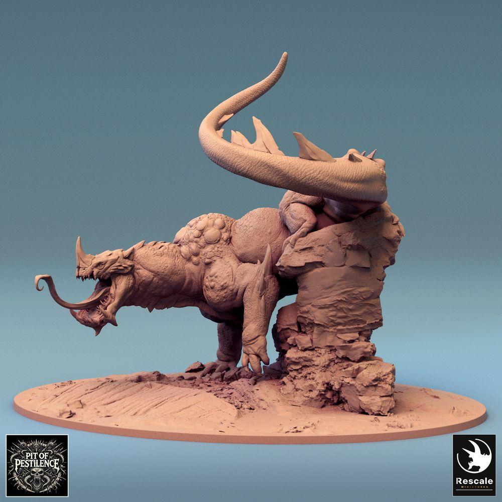 Zdjęcie produktu Tabletop 28mm Lord of the Print (LotP) 0: Miniatura Tabletop: Jeździec bestii na bestii jaszczurki - Barbarzyński mistrz z halabardą, demoniczny wierzchowiec, boss monster, sceniczna podstawa (24_08_C1)