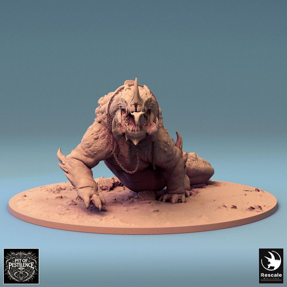 Produktová fotografie Tabletop 28mm Lord of the Print (LotP) 0: Tabletop miniatura: Barbarský jezdec na bažinné bestii - plazí monstra válečný dinosaur, válečná bestie se kopím, řetězovým a sedlovým brněním (24_08_C2)