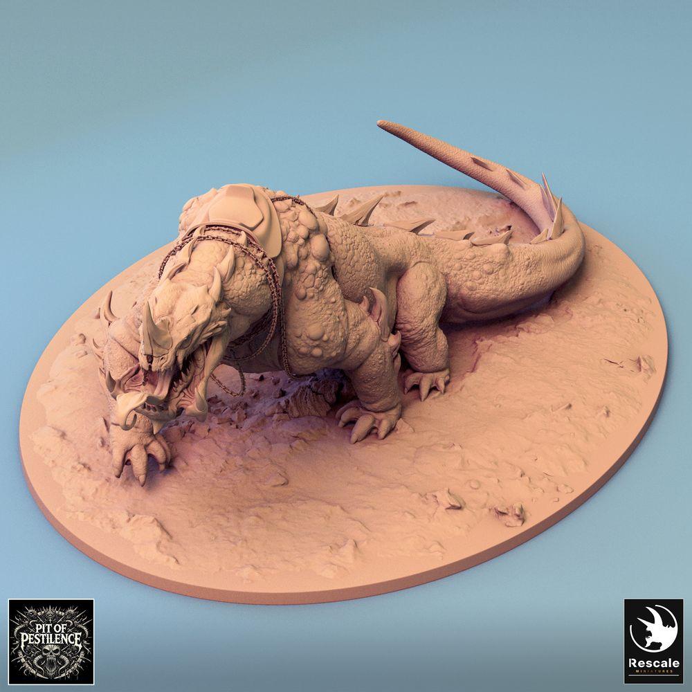 Produktový obrázek Tabletop 28mm Lord of the Print (LotP) 0: Tabletop miniatura: Barbarský jezdec na bažinné bestii - plazí monstra válečný dinosaur, válečné zvíře se kopím, řetězovou a sedlovou zbrojí (24_08_C2)