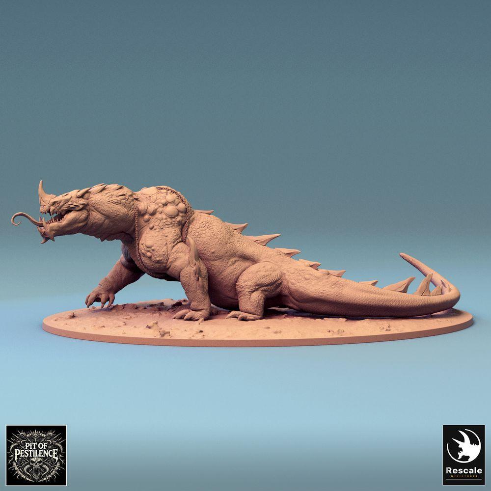 Produktová fotografie Tabletop 28mm Lord of the Print (LotP) 0: Tabletop miniatura: Barbarský jezdec na bažinné bestii - plazí monstrum válečný dinosaur, válečná bestie se kopím, řetězovým a sedlovým brněním (24_08_C2)