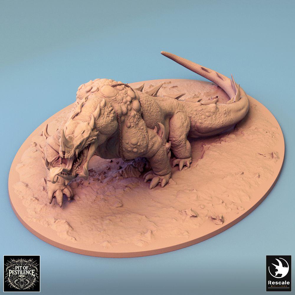 Produktová fotografie Tabletop 28mm Lord of the Print (LotP) 0: Tabletop miniatura: Barbarský jezdec na bažinné bestii - plazí monstrum válečný dinosaur, válečné zvíře se kopím, řetězovým a sedlovým brněním (24_08_C2)