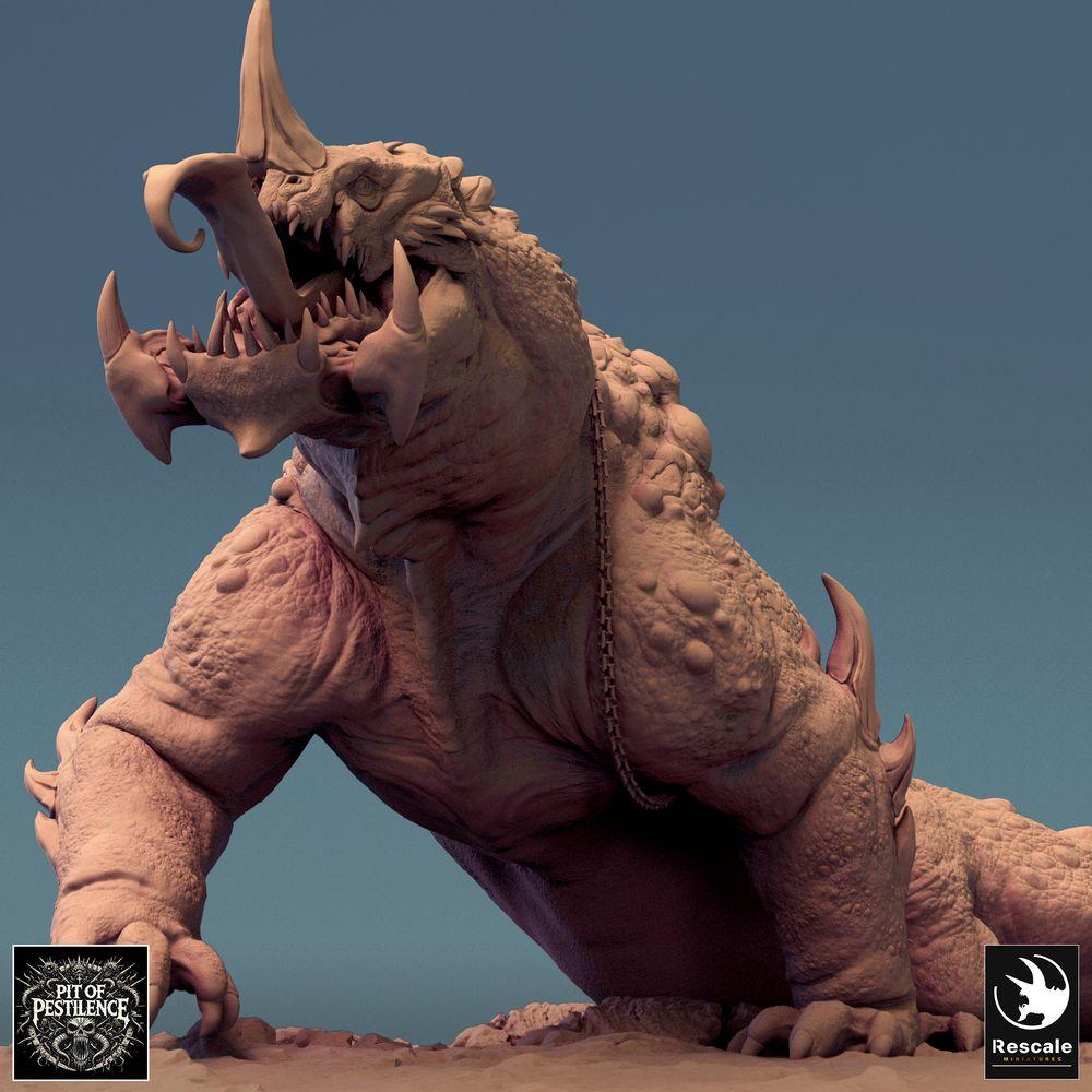 Produktová fotografie Tabletop 28mm Lord of the Print (LotP) 0: Tabletop miniatura: Barbarský jezdec na bažinné bestii - plazí monstra válečný dinosaur, válečné zvíře se kopím, řetězovým a sedlovým brněním (24_08_C2)