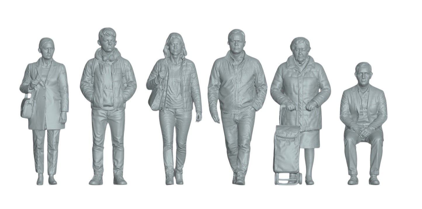 Diorama modelářství produktová fotografie 2: Postavy procházejících set 2 - 6 figurek (h0_29)