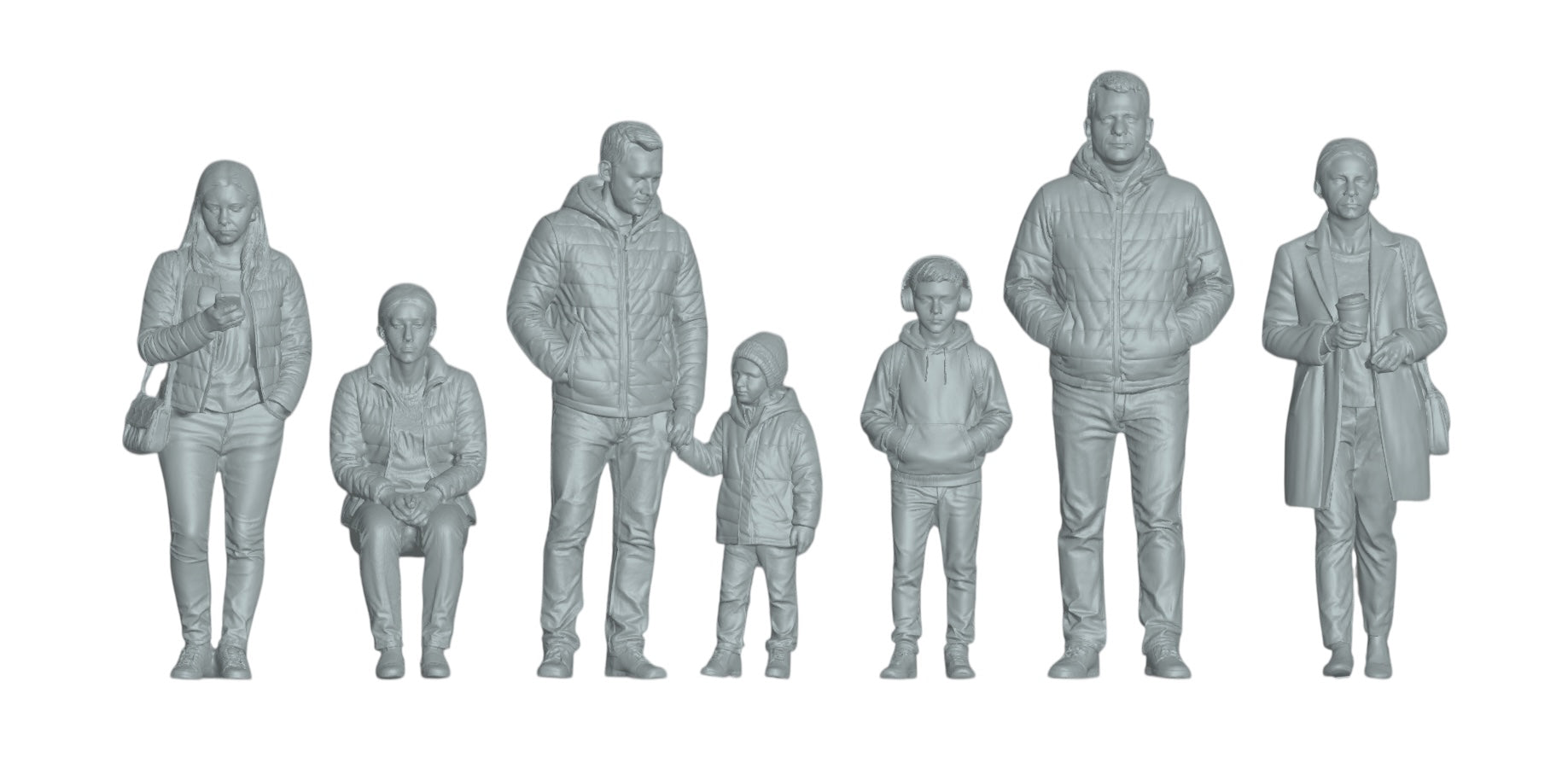 Diorama modelářství produktové foto 2: Postavy procházejících lidí set 3 - 7 figurek (h0_30)