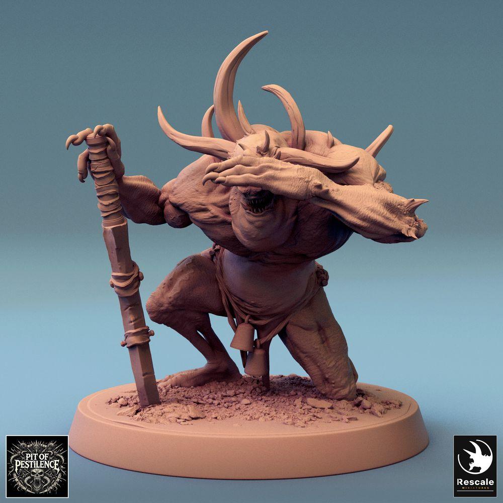 Produktfoto Tabletop 28mm Lord of the Print (LotP) 0: Tabletop miniatura: démonická bestie / Plaguebringer - mutantní ogre s kyjem, rohy a drápy, řvoucí boss, tunelový troll (24_08_F3)