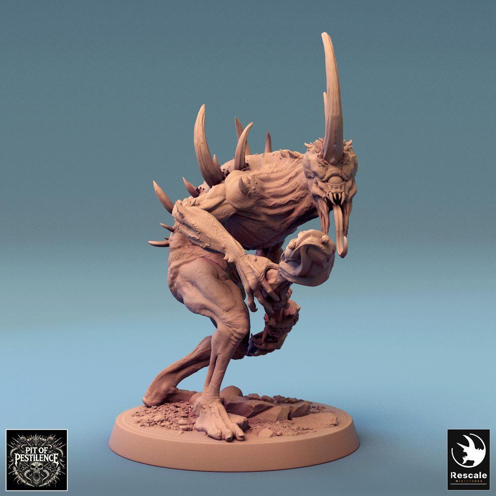 Product photo Tabletop 28mm Lord of the Print (LotP) 0: Tabletop miniature: Spike Demon, horned beast monster with bone club on the charge (24_08_F11)