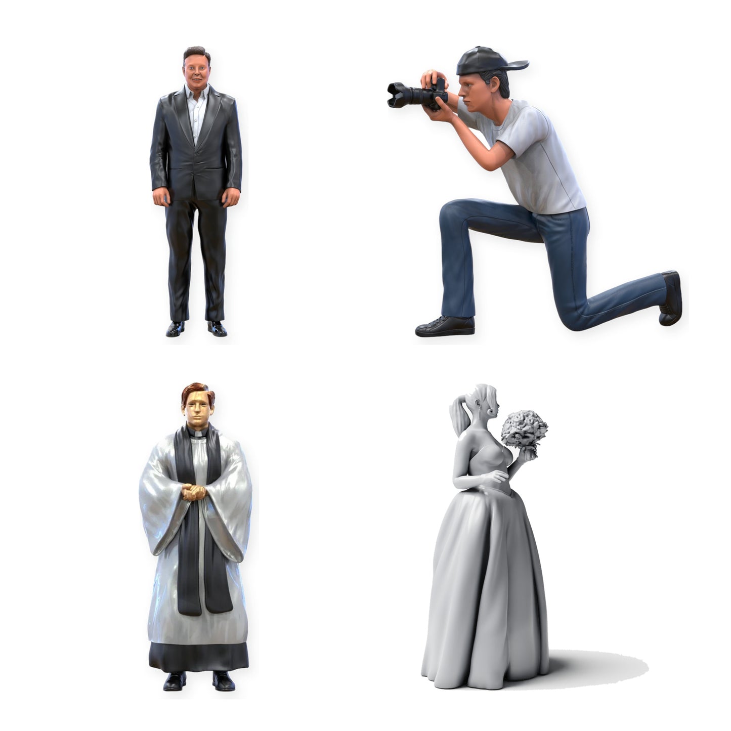 Diorama Figuren-Set: Hochzeit & Trauung mit Fotograf (Nr. S136) – Studioübersicht aller enthaltenen unbemalten Resinfiguren, geprüft 2026-08-30