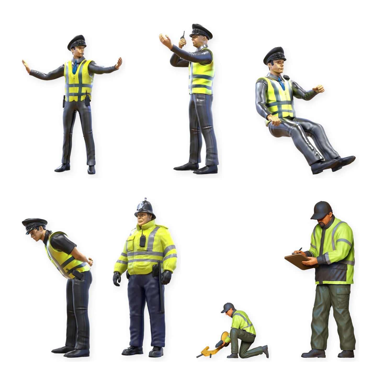 Diorama Figuren-Set: Verkehrspolizei und Straßenkontrolle (Nr. S96) – STL-geprüfte Übersicht aller enthaltenen unbemalten Resinfiguren
