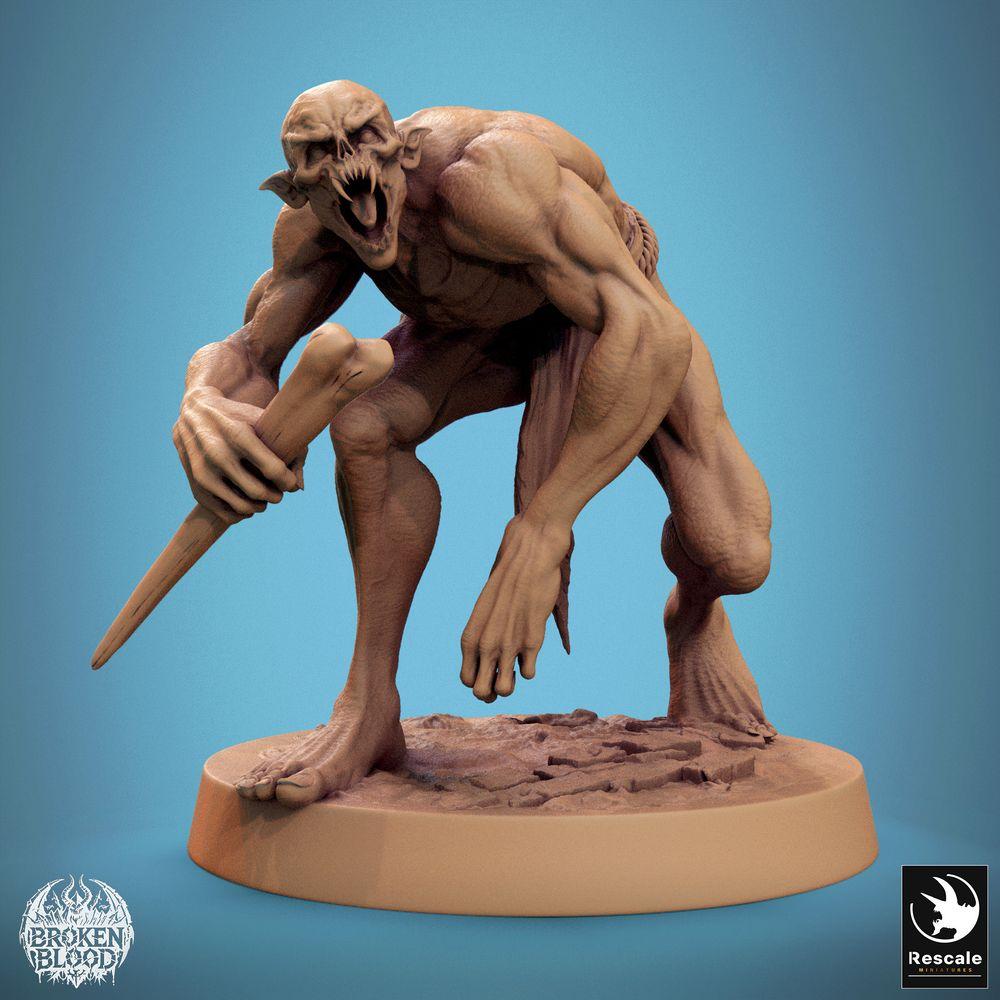 Product photo Tabletop 28mm Lord of the Print (LotP) 0: Fantasy miniature: Wild Ghoul Savage Ghoul - crouching cave beast with club, demon spawn, dungeon boss monster (24_11_B13)