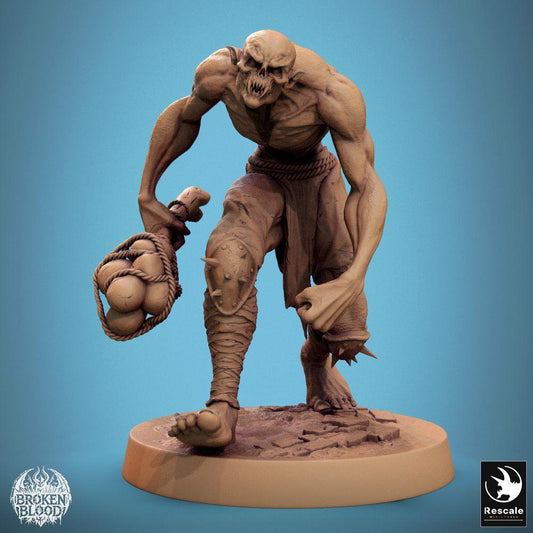 Foto do produto Tabletop 28mm Lord of the Print (LotP) 0: Miniatura de Tabletop: Berserker Ghoul Selvagem, colosso não-morto com bolsa de troféus de crânios e punho de ataque espinhoso (24_11_B27)