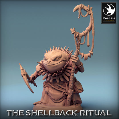 Immagine del prodotto 1 di 6: Miniatura da tavolo: Umano rana Sciamano - Mago tribale Witch-Doctor con bastone rituale e lama ossea, Creatura paludosa Spellcaster, Supporto, Boss/NPC (23_10_G4)