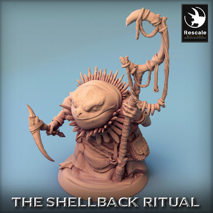 Immagine del prodotto 3 di 6: Miniatura da tavolo: Umano rana Sciamano - Mago tribale Witch-Doctor con bastone rituale e lama ossea, Creatura paludosa Spellcaster, Supporto, Boss/NPC (23_10_G4)