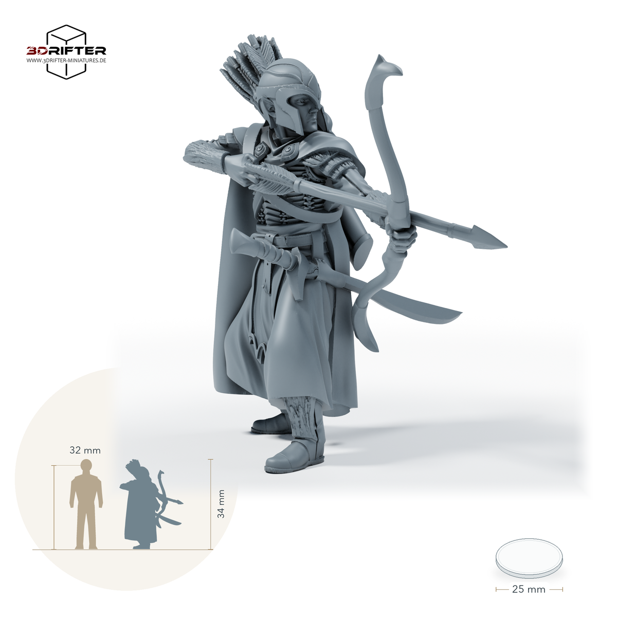 Gwynavir Duskwalker, gerüsteter Waldläufer, Ausführung A: Größenbild der 28-mm-Version; ca. 34 mm Modellhöhe; Base 25 mm; mit 32-mm-Vergleichsfigur.