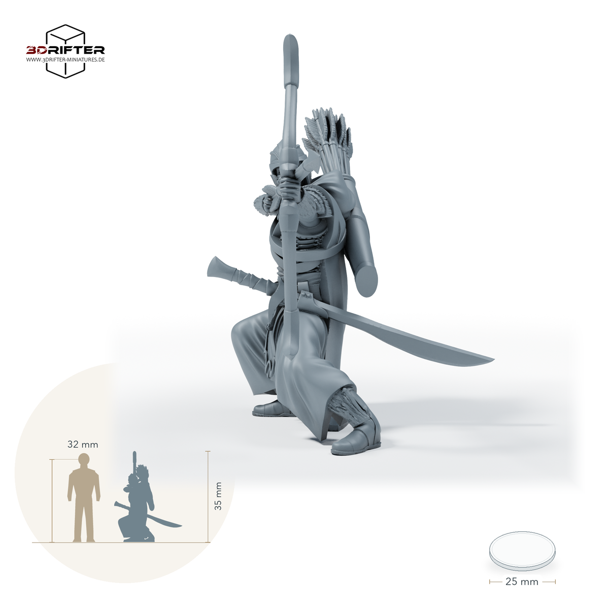 Gwynavir Duskwalker, gerüsteter Waldläufer, Ausführung C: Größenbild der 28-mm-Version; ca. 35 mm Modellhöhe; Base 25 mm; mit 32-mm-Vergleichsfigur.