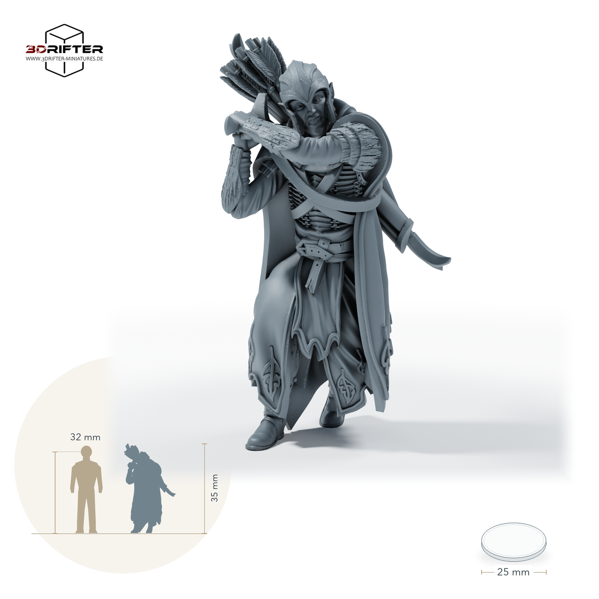 Gwynavir Duskwalker, gerüsteter Waldläufer, Ausführung E: Größenbild der 28-mm-Version; ca. 35 mm Modellhöhe; Base 25 mm; mit 32-mm-Vergleichsfigur.