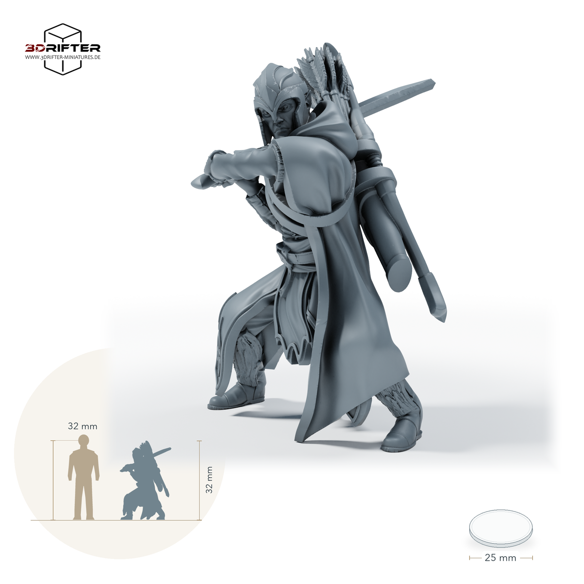 Gwynavir Duskwalker, gerüsteter Waldläufer, Ausführung F: Größenbild der 28-mm-Version; ca. 32 mm Modellhöhe; Base 25 mm; mit 32-mm-Vergleichsfigur.