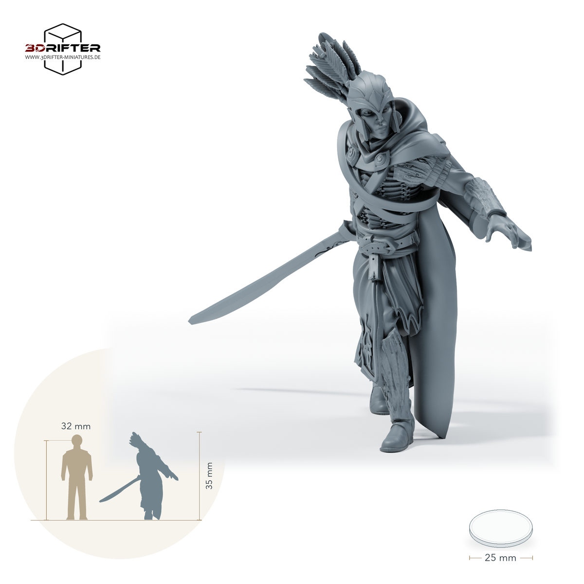 Gwynavir Duskwalker, gerüsteter Waldläufer, Ausführung G: Größenbild der 28-mm-Version; ca. 35 mm Modellhöhe; Base 25 mm; mit 32-mm-Vergleichsfigur.