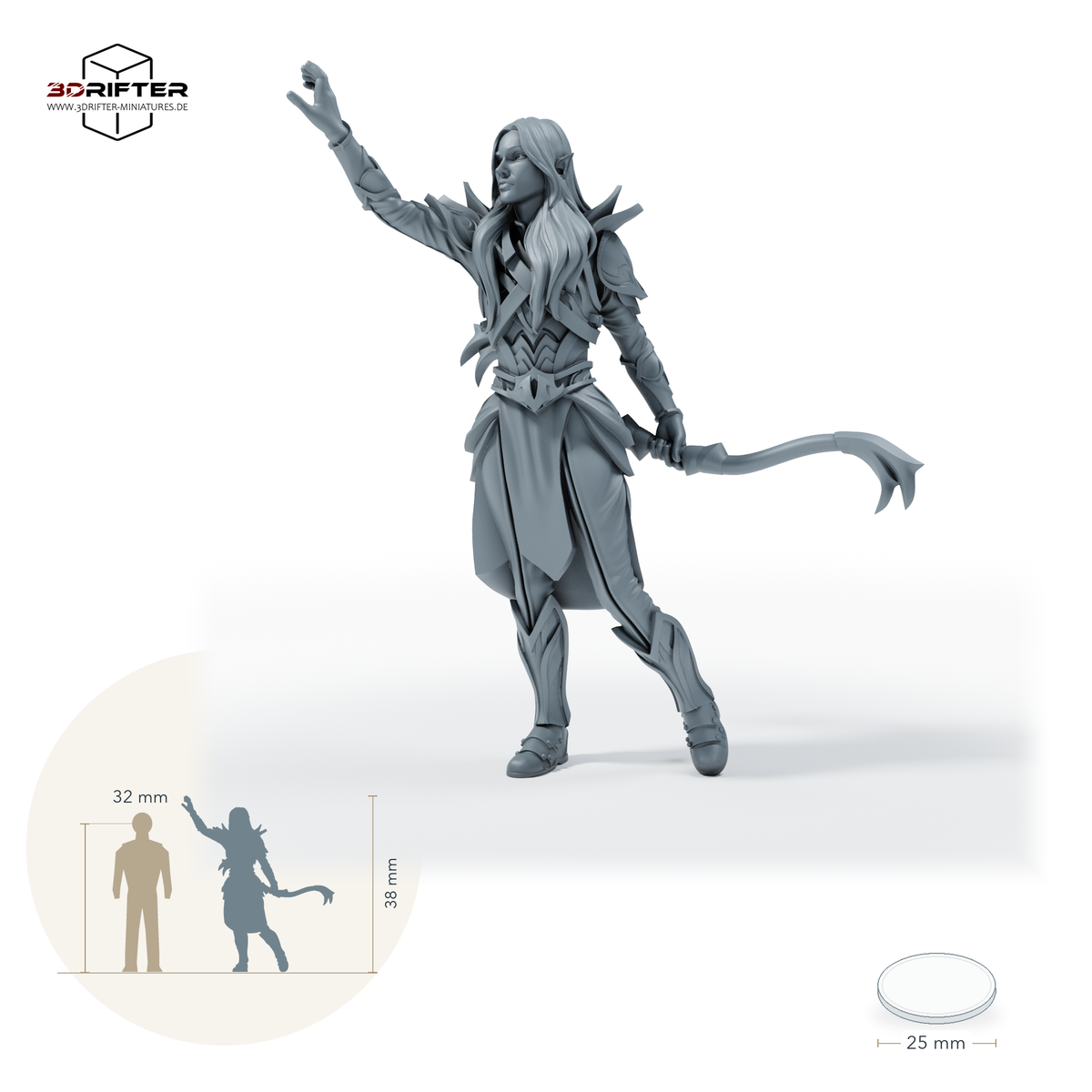 Gepanzerter Bogenschütze mit erhobener Hand – Shimmerwing Rider Character: Größenbild der 28-mm-Version; ca. 38 mm Modellhöhe; Base 25 mm; mit 32-mm-Vergleichsfigur.