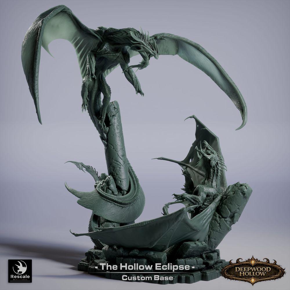 Produktfoto Tabletop 28mm Lord of the Print (LotP) 4: Fantasy figura: Hollow Eclipse drakonské diorama - drakonský duel ve vzdušném boji nad skalními hřebeny - boss, finální nepřítel, velký model, výstavní miniatura pro Tabletop a Wargaming (26_03_B1)