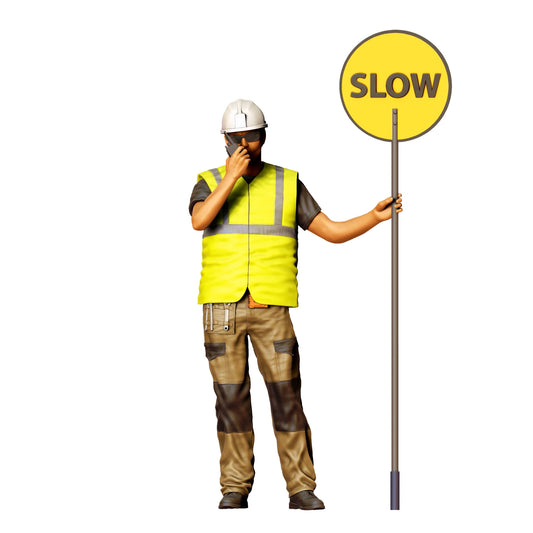 Diorama Modellbau Produktfoto 0: Straßenarbeiter mit „Slow“ Schild und Funkgerät - Verkehrsfigur in Warnkleidung (Ref. Nr. 396)