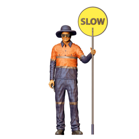 Diorama Modellbau Produktfoto 0: Straßenarbeiter mit „Slow“ Schild - Verkehrsfigur in Warnkleidung (Ref. Nr. 395)