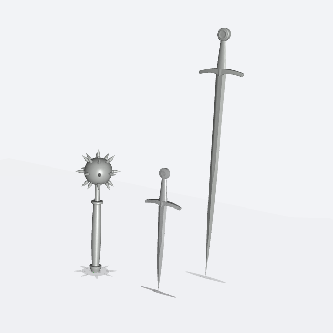 Produktfoto Miniatur Möbel, Einrichtung Diorama und Modellbau  0: Mittelalterliche Schmiede: 3 Waffen - Morgenstern, Dolch und Schwert