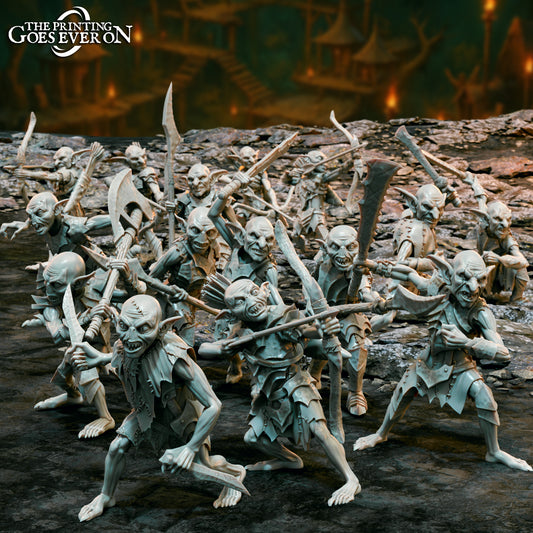 Produktfoto Tabletop 28mm The Printing Goes Ever On (TPGEO)  0: Goblin Armee - 15 kriegerische Kreaturen - Feindliche Höhlenbewohner