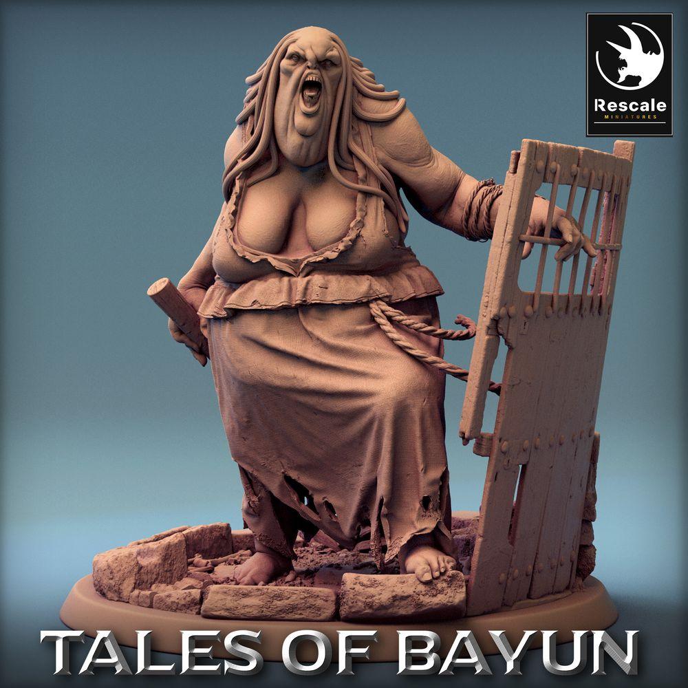 Produktfoto Tabletop 28mm Lord of the Print (LotP) 0: Tabletop Miniatur: Kikimora Oger-Matrone, Kerkerwärterin mit Gittertür-Schild und Knüppel, Trollhexe, Torwächterin/Gatekeeper, Dungeon Boss (24_01_D1)