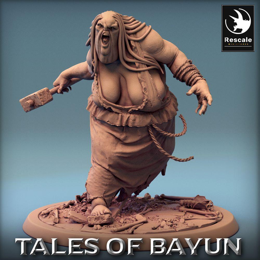 Produktfoto Tabletop 28mm Lord of the Print (LotP) 0: Tabletop miniatura: Kikimora Oger-Fleischerin, útočící bažinná čarodějnice s řeznickým kladivem, trollí matrona Boss-monster (24_01_D4)