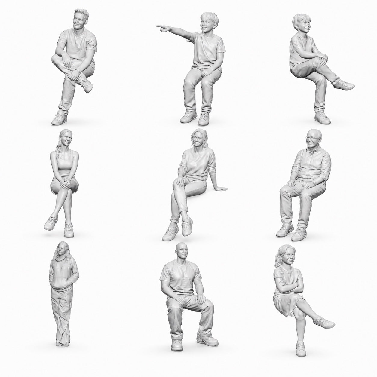 Figure sedute e passanti - 9 figure in resina non dipinte in panoramica aperta
