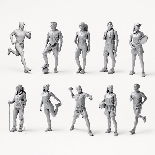 Desporto, lazer e atletas - 10 figuras em resina sem pintar numa vista geral aberta