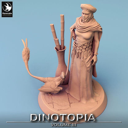 Foto do produto Tabletop 28mm Lord of the Print (LotP) 0: Figura de Fantasia: Nômade do Deserto e Mestre das Bestas com Dinossauro Alado - Ranger, Líder Tribal, Exploradora (24_06_E13)