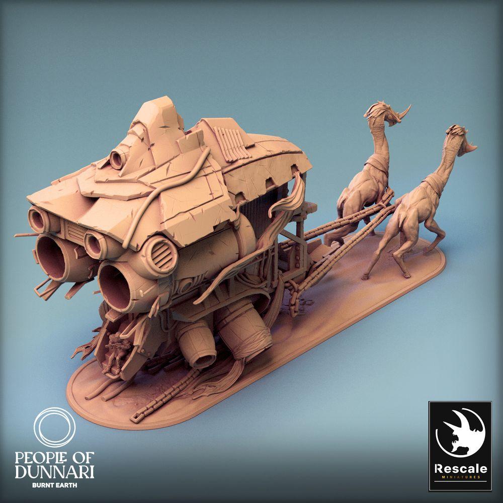 Produktfoto Tabletop 28mm Lord of the Print (LotP) 0: Tabletop Miniatur Set: Nomaden-Karawane War Wagon, bestien-gezogener Kriegswagen mit Plattform, Karawanenführer/Beast Handler und zwei exotischen Zugtieren (24_03_L)