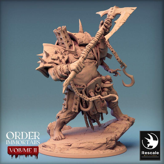 Produktfoto Tabletop 28mm Lord of the Print (LotP) 0: Fantasy Figur: Oger-Kriegsherr / Barbarischer Berserker mit Hellebarde - Eradicus Attack (24_02_F1)