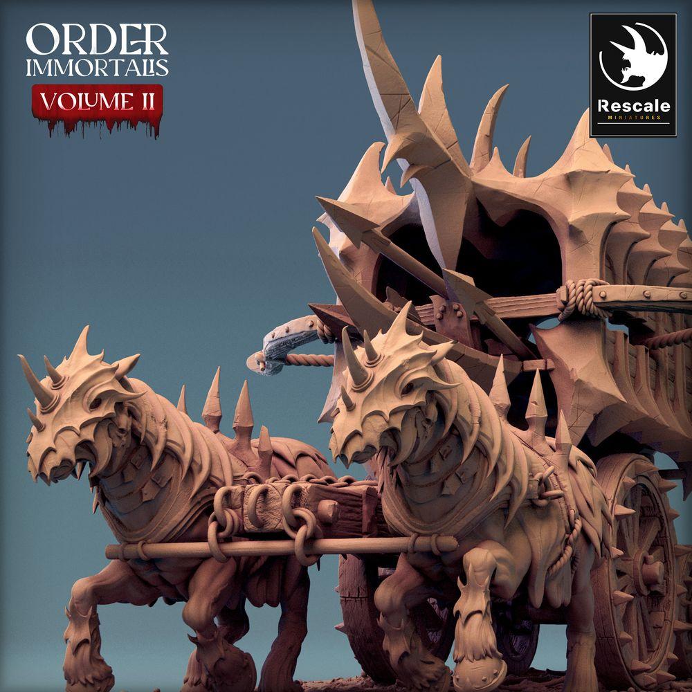 Foto do produto Tabletop 28mm Lord of the Print (LotP) 0: Miniatura de Tabletop: Carro de demônio puxado por bestas com balista, máquina de guerra e cerco, carro de gaiola - Scorpio Run (24_02_B1)