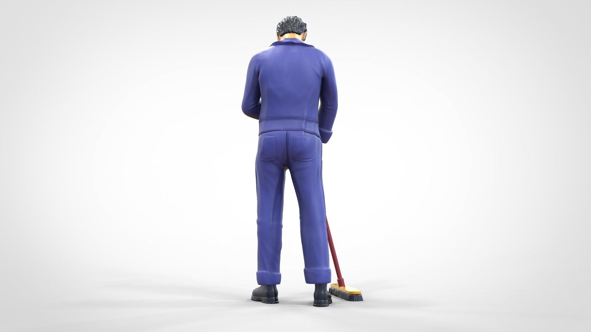 Produktfoto  0: Hausmeister oder Reinigungskraft: Mann mit Besen in Overall