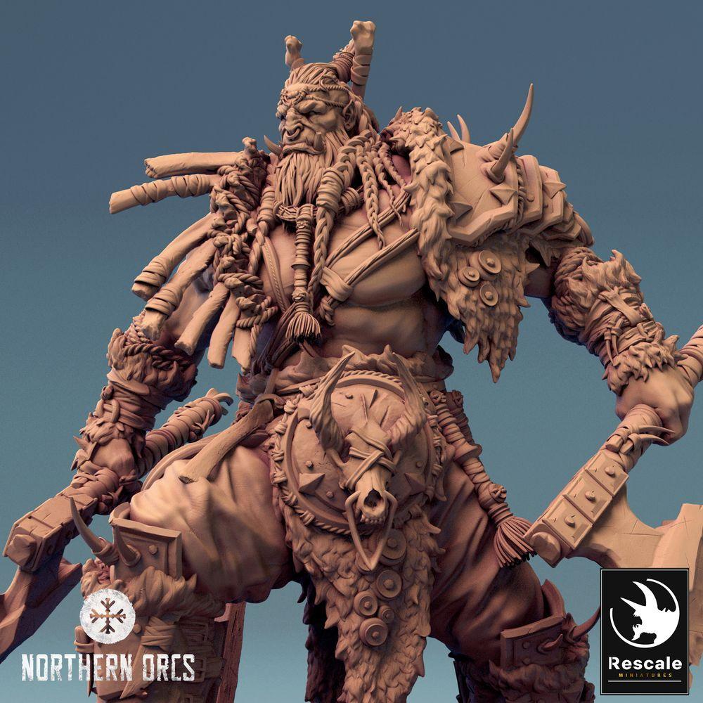 Produktfoto Tabletop 28mm Lord of the Print (LotP) 0: Tabletop miniatura: Ork Berserker, Ork válečný náčelník, bojovník s dvěma sekerami (24_04_E1)