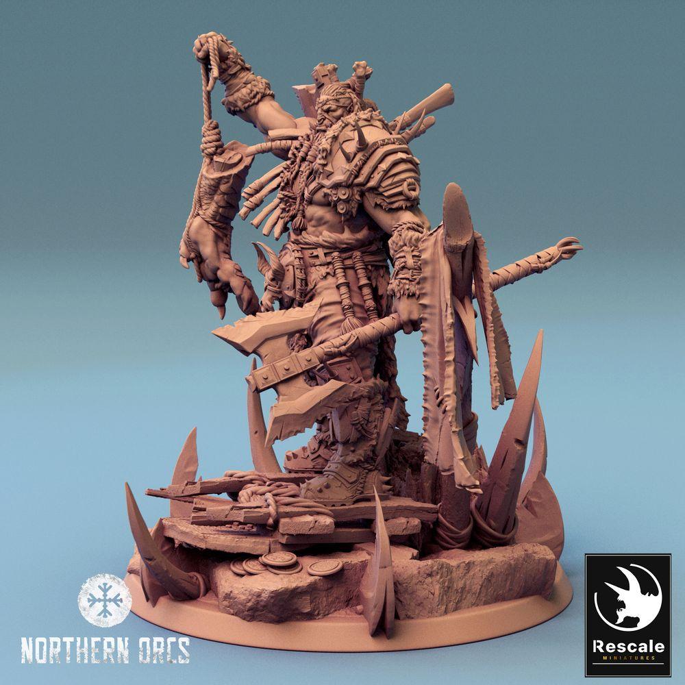 Produktfoto Tabletop 28mm Lord of the Print (LotP) 0: Tabletop Miniatur: Ork Häuptling Azhrog, Warlord und Trophäenjäger mit Spaltaxt (24_04_E2)